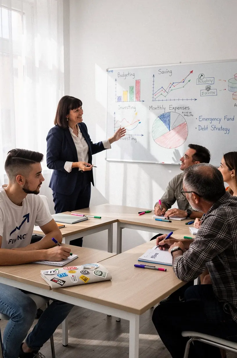 Pénzügyi írásos anyagok és könyvek elrendezve egy asztalon a pénzügyi tudatosság támogatására