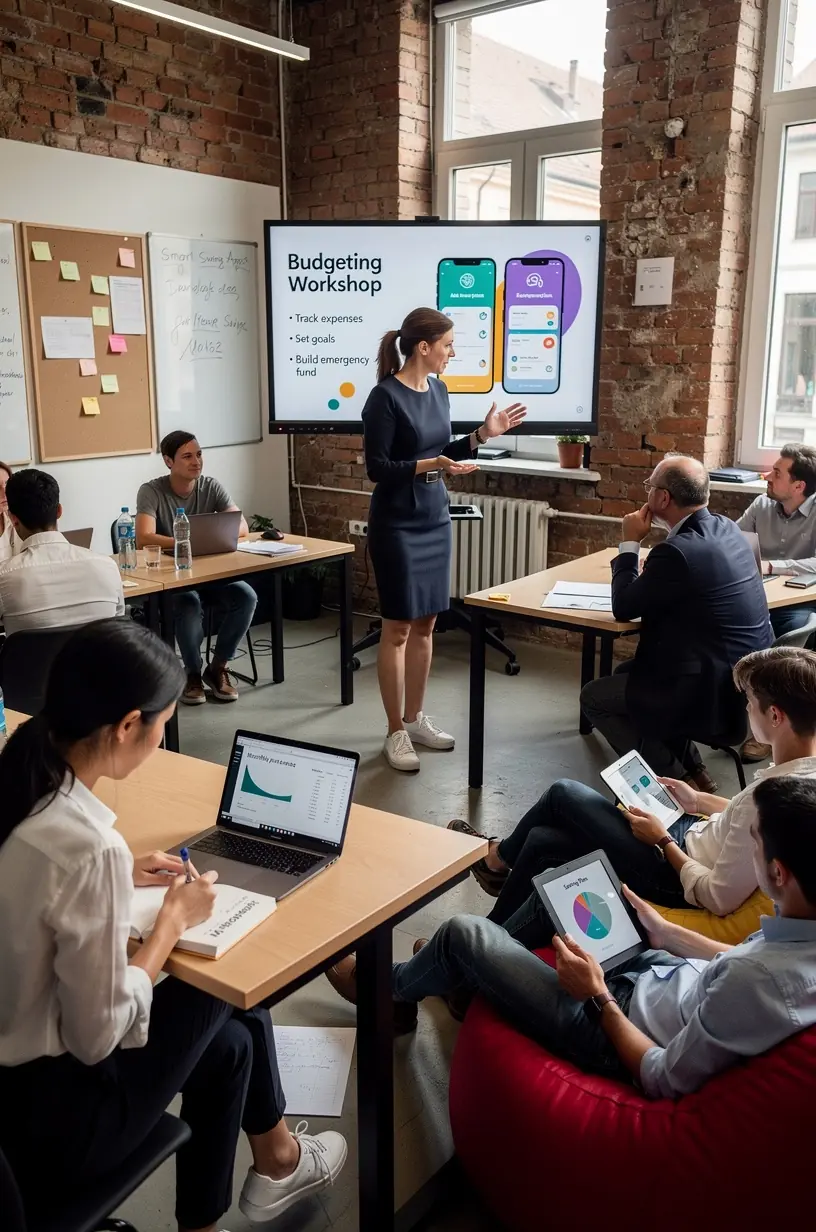 Tanulók jegyzetelnek és figyelnek egy pénzügyi képzés során egy világos, professzionális környezetben